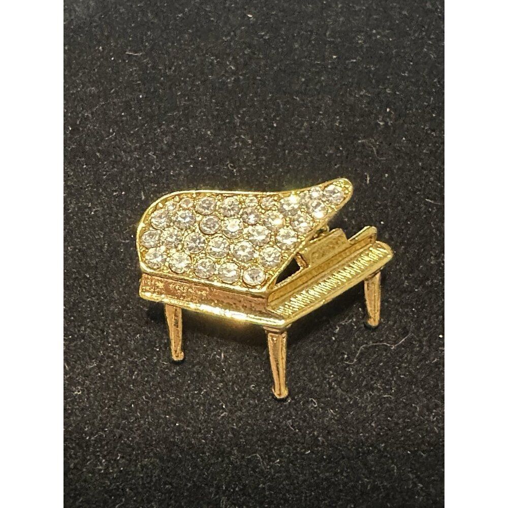 Rhinestone Piano Brooch Clear Gold Tone Baby Grand Pin Musical Jewelry Music